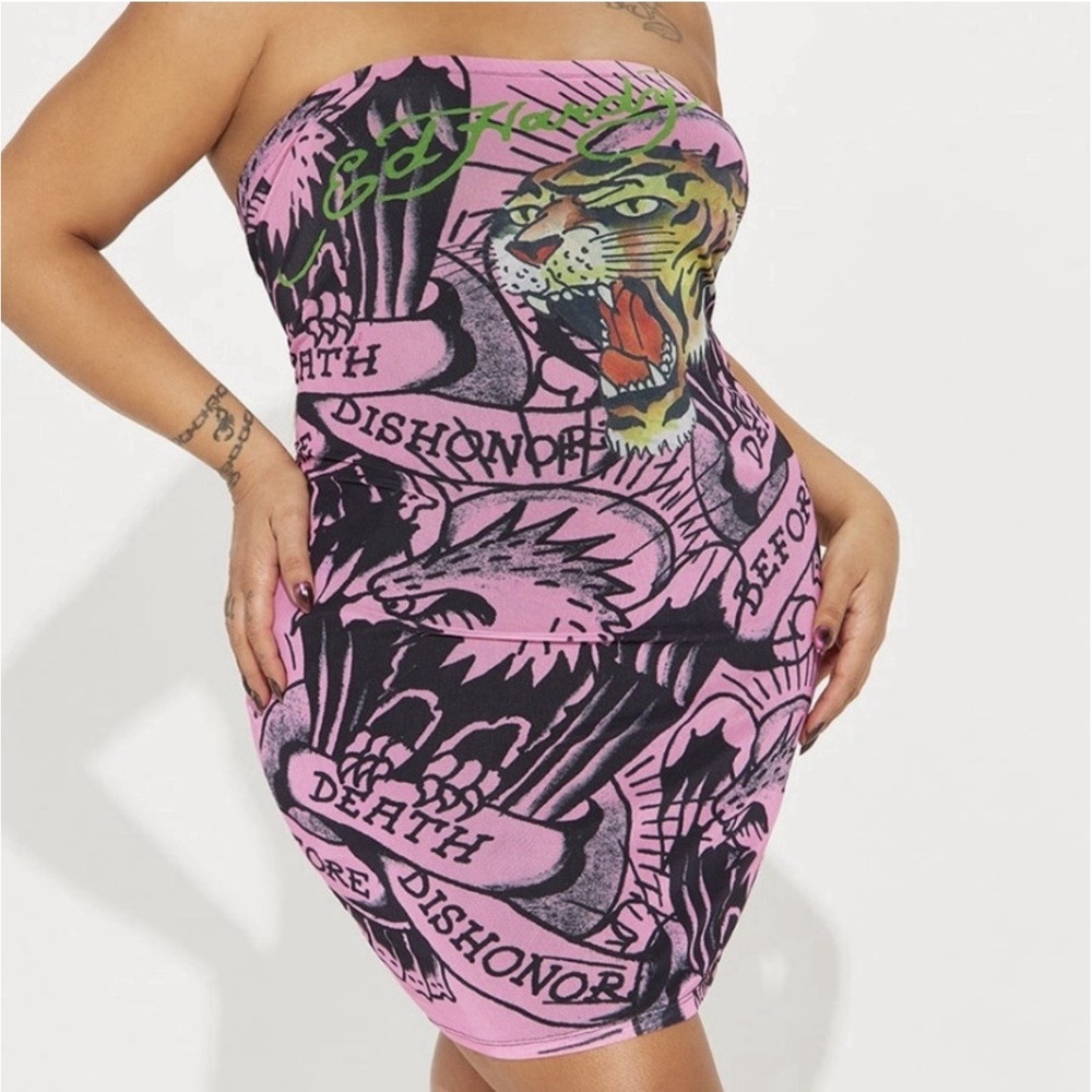 Ed Hardy Pink Tiger Tattoo Mesh Tube Mini Dress Strapless Y2K Grunge NWT L
